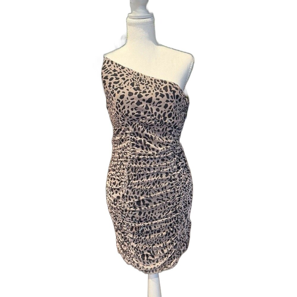 Leopard Print One Shoulder Bodycon Dress L Ruched Mini Cocktail Clubwear